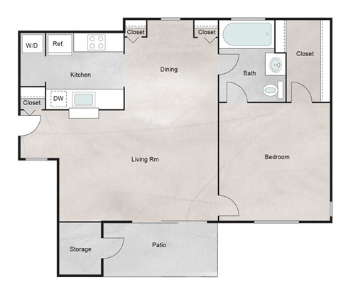 Floor plan for 1 bed, 1 bath, 709 sqft